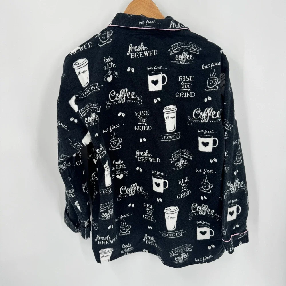 PJ Salvage Pajama Set Women S Black Coffee Print Flannel Button Front Pants - Picture 6 of 12